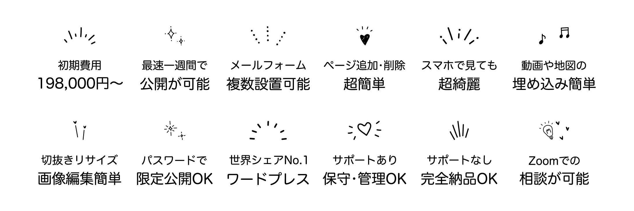 製作費198,000円〜 最速一週間で公開が可能 メールフォーム複数設置可能 切抜きリサイズ 画像編集簡単 パスワードで限定公開OK 世界シェアNo.1 ワードプレス ページ追加•削除 超簡単 スマホで見ても超綺麗 動画や地図の埋め込み簡単 サポートあり保守•管理OK サポートなし完全納品OK Zoomでの相談が可能